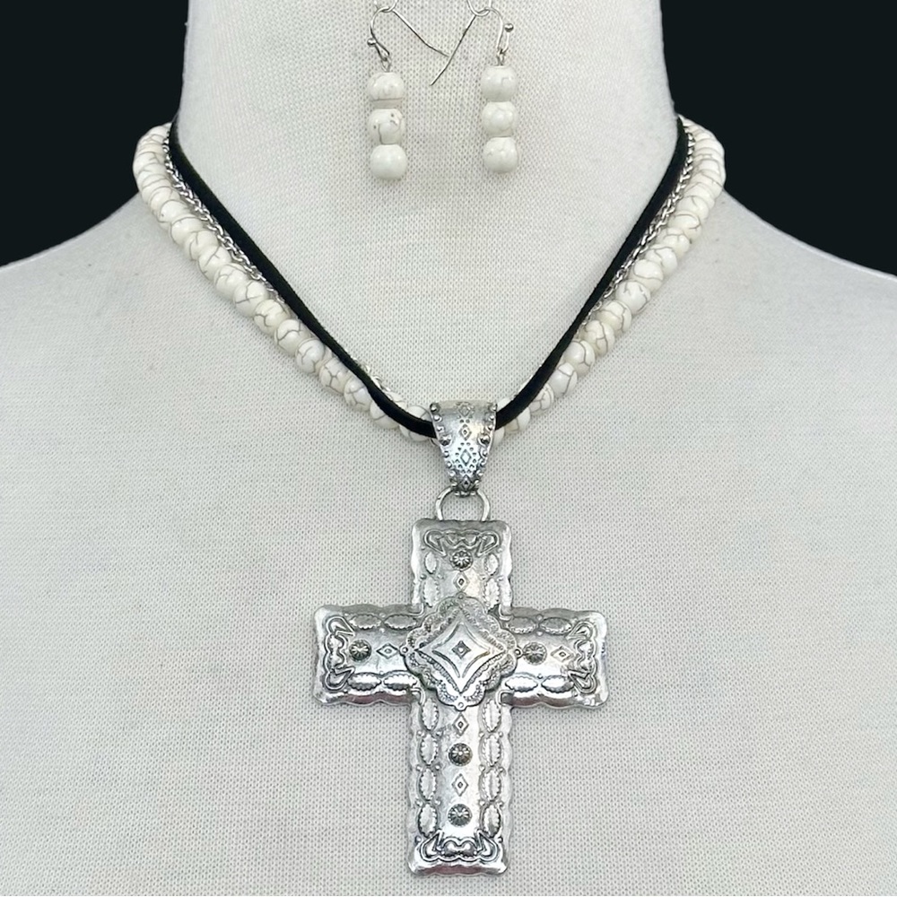 Large Western Style Cross Ivory Stone Beaded Necklace Earrings Set
